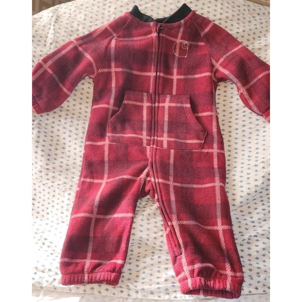Carhartt Baby Boys Red Plaid Fleece Warm Romper Coverall 6M Logo Sleeve Zip Up